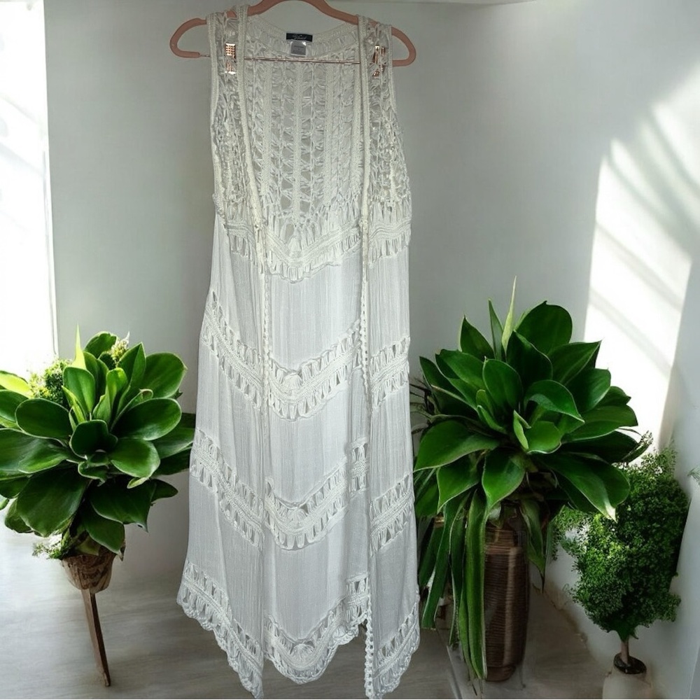 Vivid Boho Cream Macrame Crochet Long Vest M Sheer Gauze Open Front